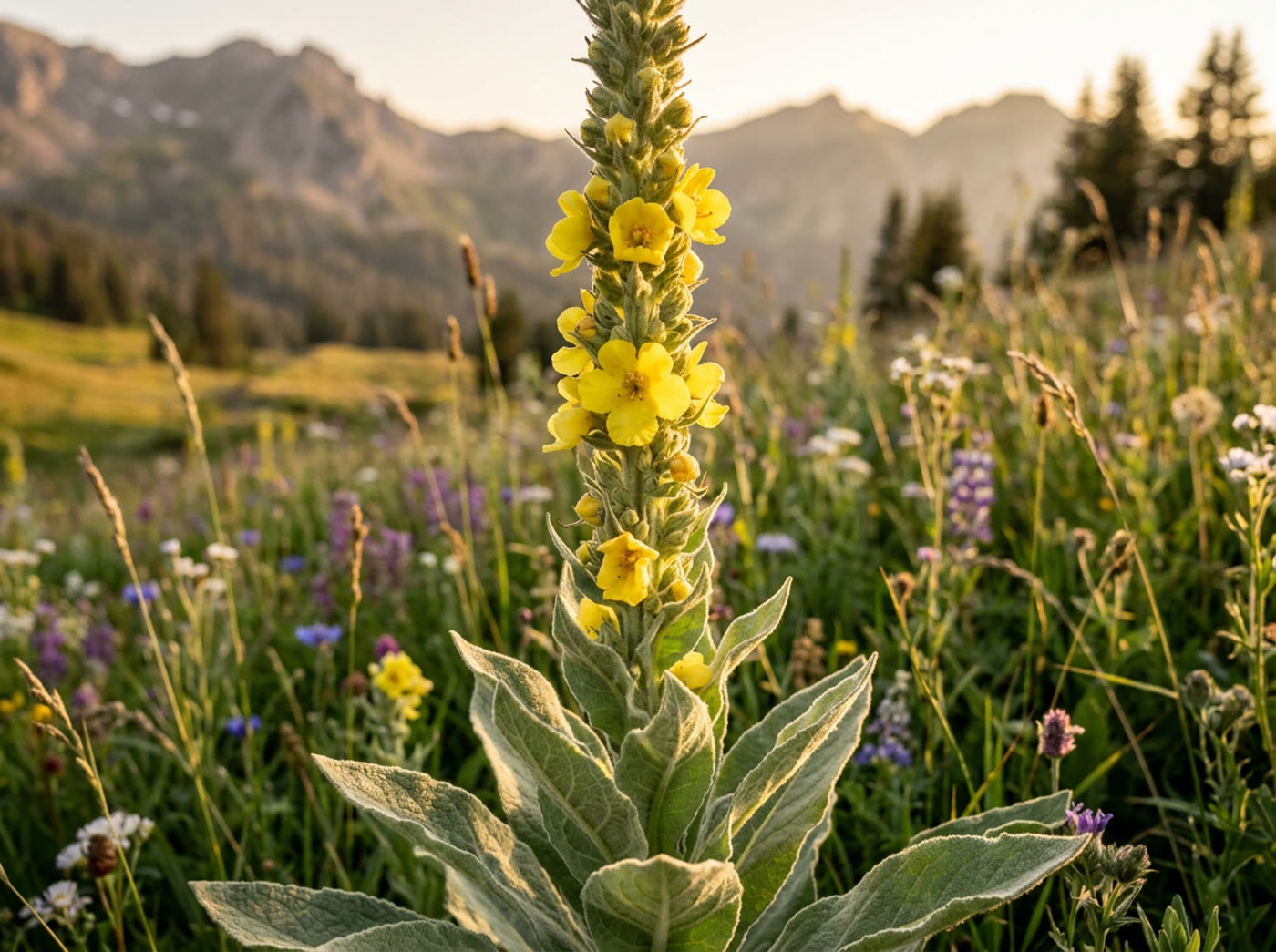 Wild mullein plant with yellow flower spike and fuzzy leaves