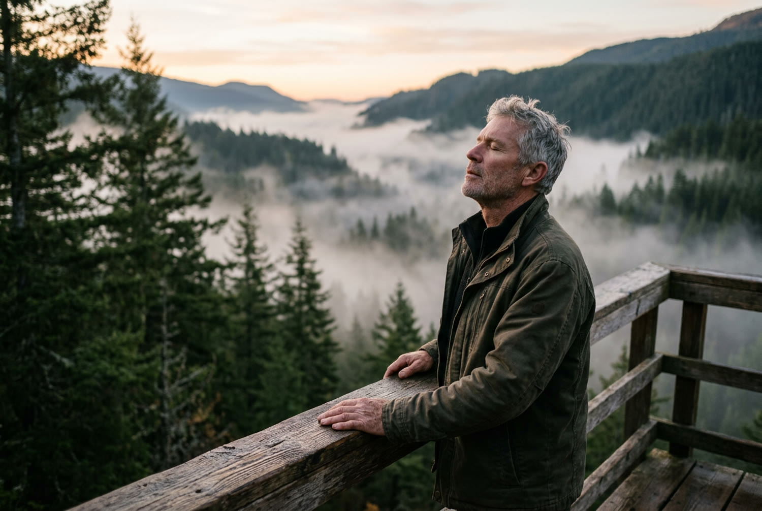 A man in his fifties standing at a forest overlook at dawn, breathing in