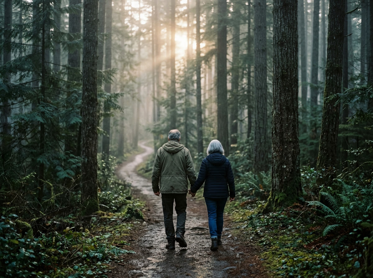 An older couple walking a misty forest trail